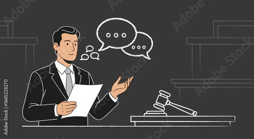 Advocate presenting a case with speech bubbles symbolizing legal dialogue in court