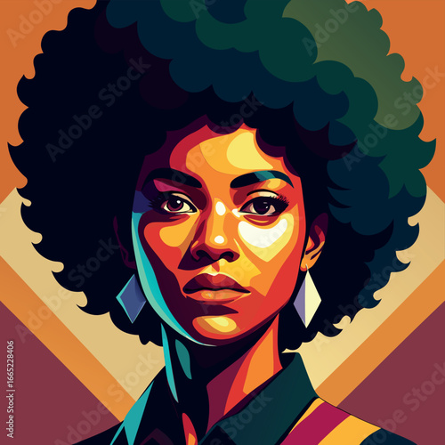 Bright portrait of a woman with afro hairstyle set against a colorful geometric background highlighting her individuality and strength Generative AI
