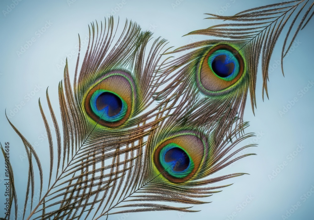 Fototapeta premium Closeup of three iridescent peacock feathers with distinctive eye patterns