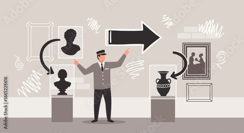 An illustration representing a tour guide leading visitors through an art gallery and museum,
