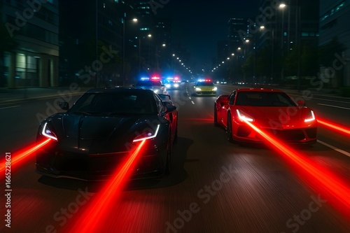 Futuristic Sports Cars Racing at Night with Neon Lights while being chased by the Police