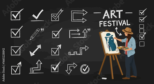 Art festival illustration showcasing a female artist painting with chalk board designs