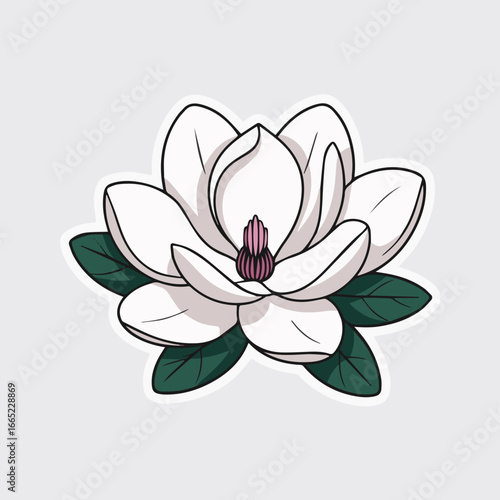 Illustration of a white magnolia flower sticker with green leaves, showcasing its beauty, elegance, and natural charm, isolated on white background