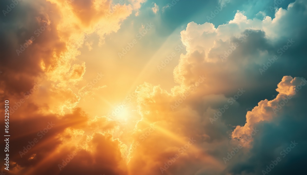 Fototapeta premium Vibrant Sunset Sky With Light Breaking Through Clouds: A Panoramic Nature Composition With Copy Space And Exciting Atmosphere