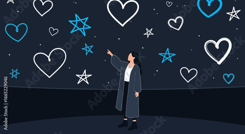 Aspirational woman pointing to stars and hearts floating in a cosmic sky illustration