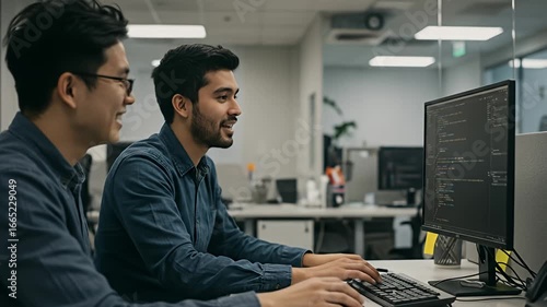 Two young men review code on a computer screen in an office environment