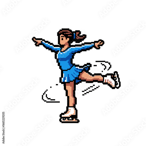 Pixel art depiction of a female figure ice skating, gracefully balancing on one skate with arms outstretched.