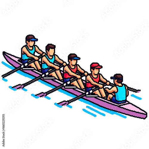 A rowing team of five powerfully propels their boat across the water, synchronized strokes creating dynamic movement.