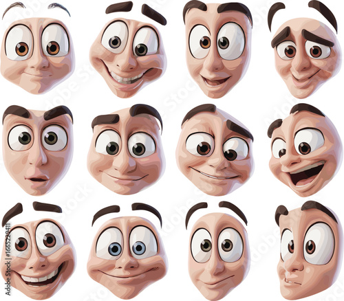 Cartoon character facial expressions vector set showing various emotions and moods for animation, design, comics, and creative illustration use