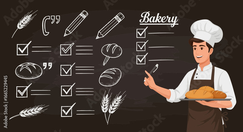 Bakery Chef Reviewing Checklist for Quality Bread Production on Chalkboard