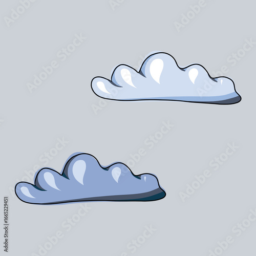 Set of storm cloud and light blue cloud in childish style. Isolated vector elements on separate gray background.  