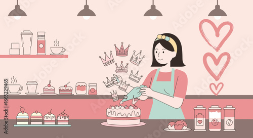 Baking queen at work, lovingly decorating a cake with royal icing and topping it with royal crowns