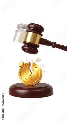 Symbolic illustration of a legal crackdown on cryptocurrency, with a judge's gavel shattering a golden digital coin