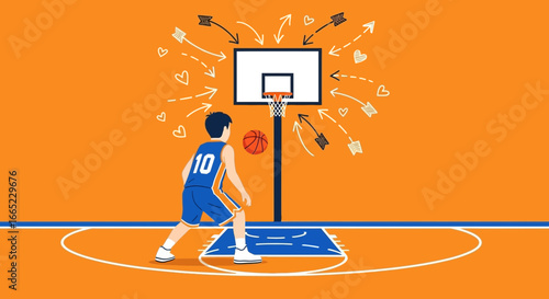 Basketball player practicing shooting with trajectory lines and hearts on court illustration
