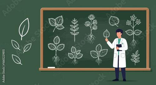 Botanist explaining plant morphology and anatomy using leaf diagrams on chalkboard is perfect for