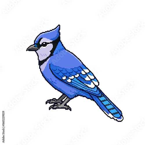 A blue jay illustration standing, showcasing its vibrant blue plumage and distinctive crest on a white background.