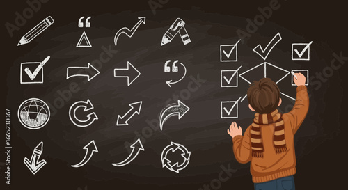 Boy drawing diagram on blackboard with chalk icons of workflow and direction concept