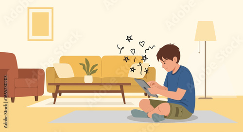 Boy using tablet in living room surrounded by creative and imaginary doodle art