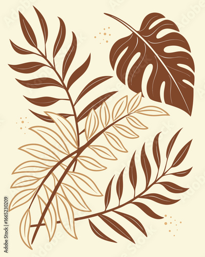 Abstract tropical leaves in earth tones on cream background