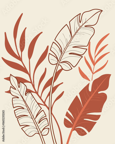 Bohemian tropical leaves in terracotta and outline style