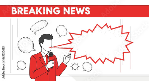 Breaking News Reporter with Speech Bubbles Illustration for Mass Media Concept