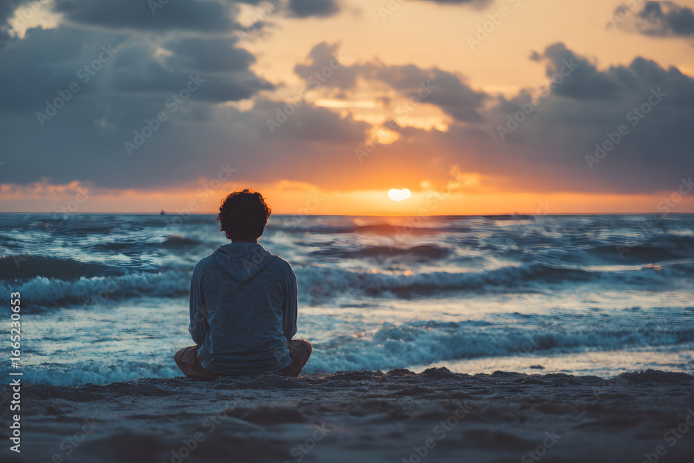 Fototapeta premium Man meditating sitting on the beach at sunset with beautiful ocean on the background.