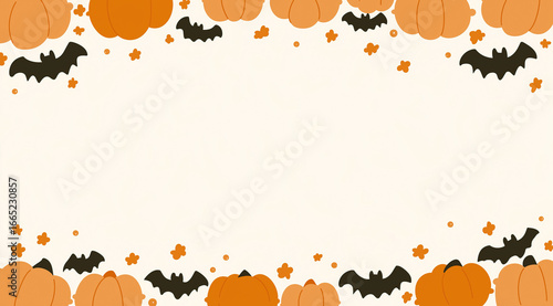Orange pumpkins and black bats create festive Halloween border celebration design.