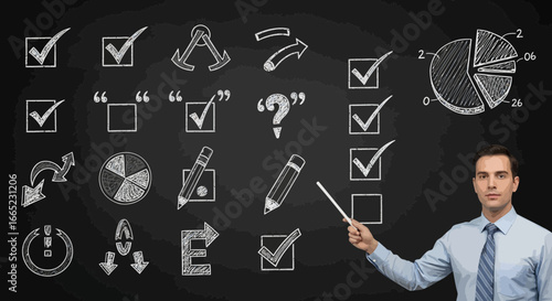 Business professional presenting strategy using chalk drawings on a blackboard background