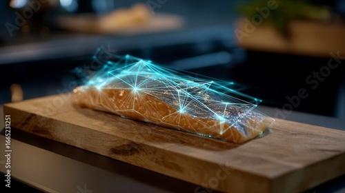 Innovative food technology concept with raw salmon fillet on wooden cutting board overlaid with glowing blue network visualization in dark kitchen setting