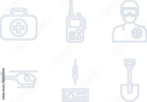 Blue Outline Set Featuring First Aid Kit, Radio, Paramedic, Helicopter Icons on White