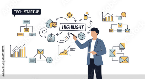 Business strategy illustration of a tech startup highlighting market analysis and data driven