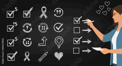 Businesswoman presenting checklist on blackboard with chalk-drawn symbols and icons, offering