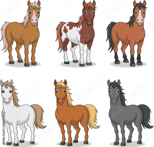 Six Cartoon Horses with Unique Colors and Expressions – Cute Farm Animal Vector for Kids, Educational Use, Pet Themes, and Equine Art