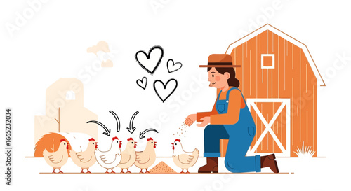 Caring farmer feeding chickens with love in front of a rustic barn illustration