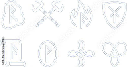Blue Outlined Runes Set with Various Abstract Symbols on White Background