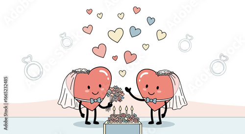 Cartoon Hearts Celebrating Wedding Anniversary with Cakes and Wedding Rings Graphic