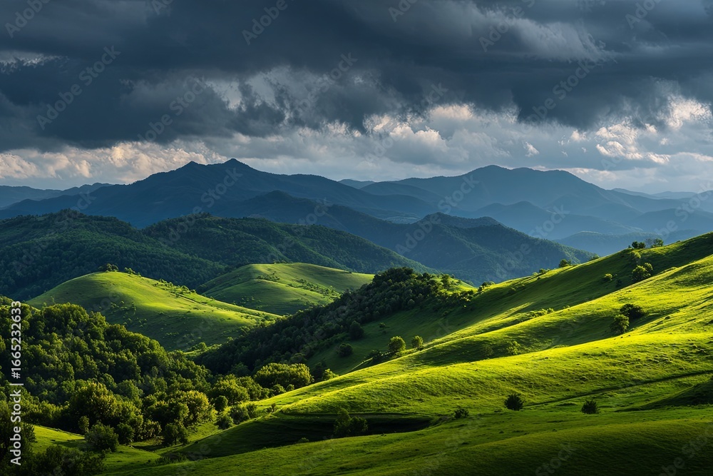 Fototapeta premium Lush Green Hills Under Dramatic Sky with Clouds and Mountains in Background Capturing the Beauty of Nature in the Morning Light