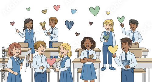 Cartoon illustration depicting diverse students in a classroom sharing love