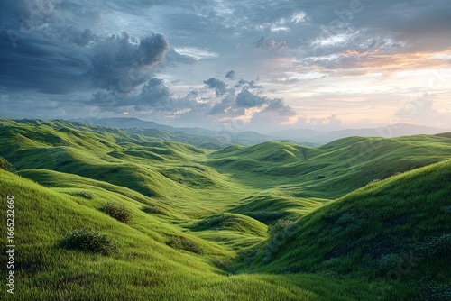 Lush Green Landscape with Rolling Hills and Dramatic Sky Under Bright Sunlight in a Serene Natural Environment