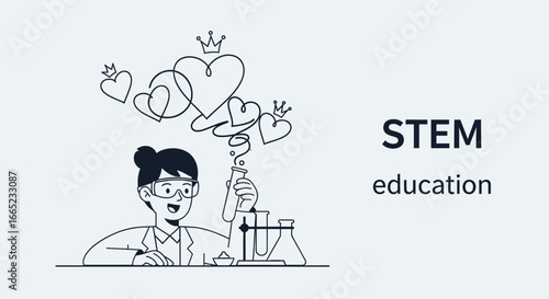 Cartoon illustration of a scientist girl making discoveries about stem education