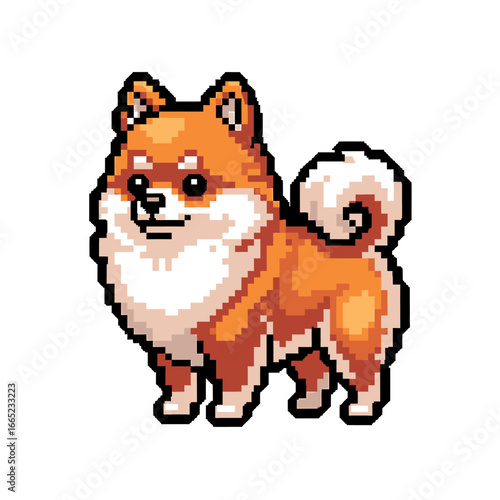 Pixelated illustration of a Shiba Inu dog standing, showcasing its fluffy fur and friendly expression.