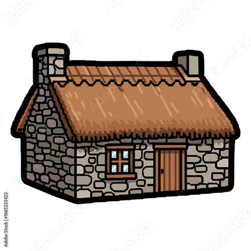 Cartoon illustration of a stone cottage with a thatched roof and chimney stacks.