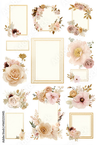 Soft pastel blossoms surround ornate frames designed for decorative elegant stationery.