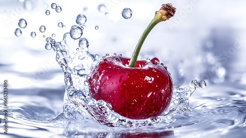 Ripe cherry freshly splashed in water with sparkling bubbles and vibrant details