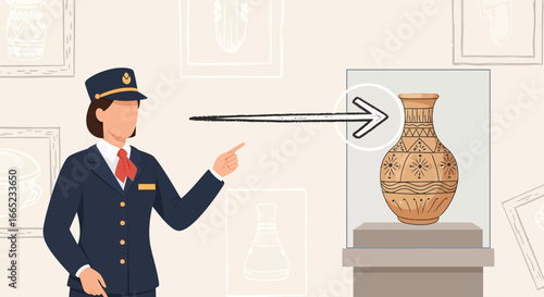 Cartoon museum guide points to ancient vase in glass display case illustration
