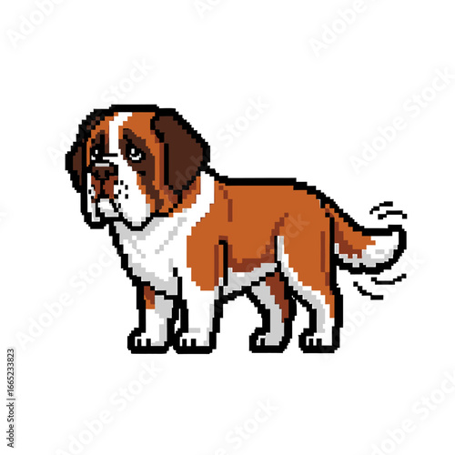 Pixel art depiction of a Saint Bernard dog, standing, tail wagging slightly, melancholic expression.