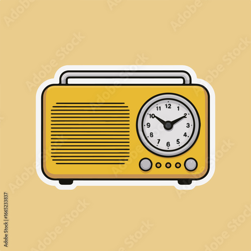 A vintage yellow radio clock sticker with a retro charm, perfect for adding a touch of nostalgia to any design project or celebrating the timeless appeal of classic technology