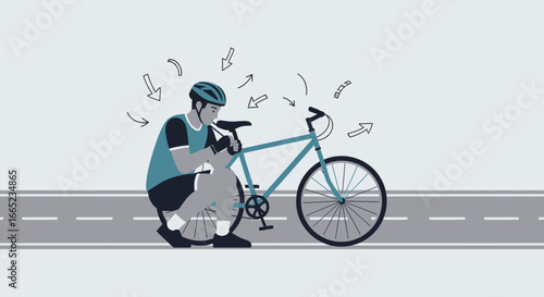 Cyclist repairing his bicycle on the road with sketched arrows showing the process illustration