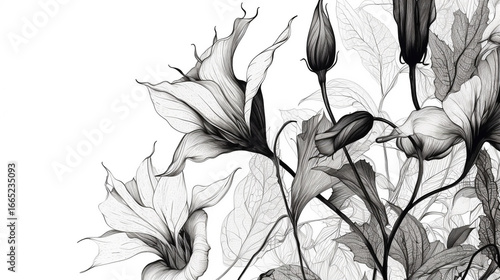 Delicate Datura bloom in full detail, black ink sketch on white canvas, modern vector drawing, minimal design, botanical study illustration