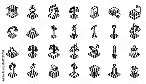 Isometric Icon Set Representing Law and Justice Elements in Outline Style Perfect for Legal or Historical Themes